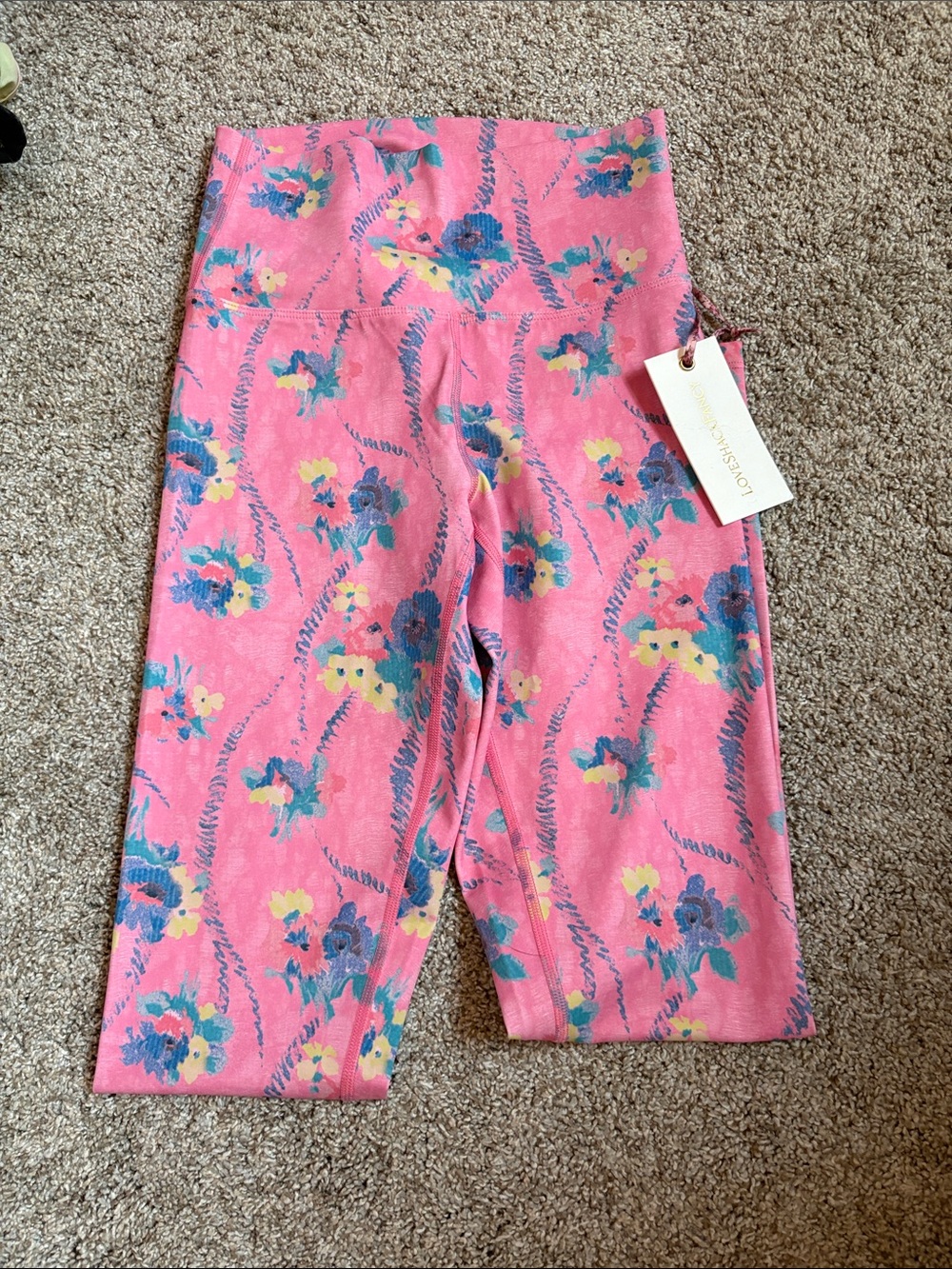LoveShackFancy Pink Floral Print Leggings with Blue & Yellow Accents